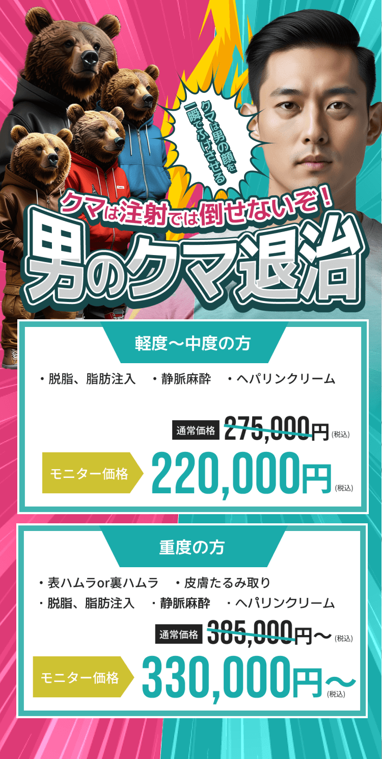 クマは注射では倒せない！男のクマ退治 軽度から中度の方モニター価格220,000円(税込)重度の方モニター価格330,000円（税込）〜
